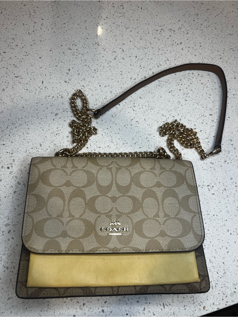Coach Beige Signature Canvas Crossbody with Gold Chain and Pale Yellow Accent